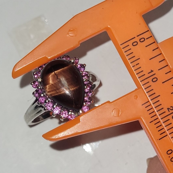 Ring 5 Tiger eye w Pink Crystal Halo Sterling silver - Picture 5 of 6